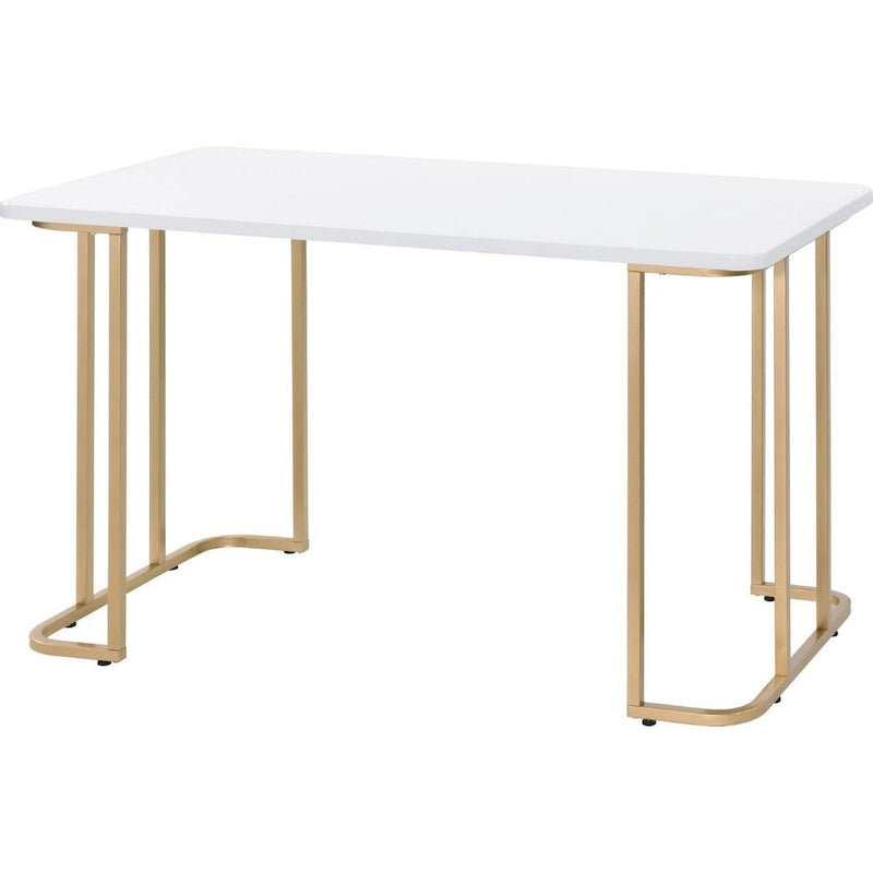 White Antique Writing Desk with Curved Metal Sled Base & Gold Accents – 1-Person