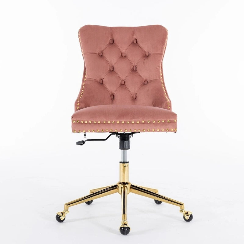 Beige / Black / Pink / Grey Velvet Tufted Button Swivel Office Chair with Gold Metal Base & Adjustable Height – 1-Person
