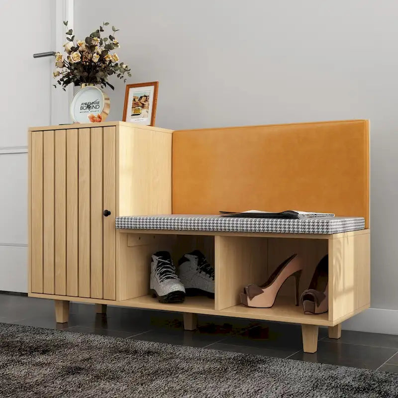 Natural Wood Finish Shoe Cabinet with Houndstooth Bench Seat & PU Backrest – 1-Seat