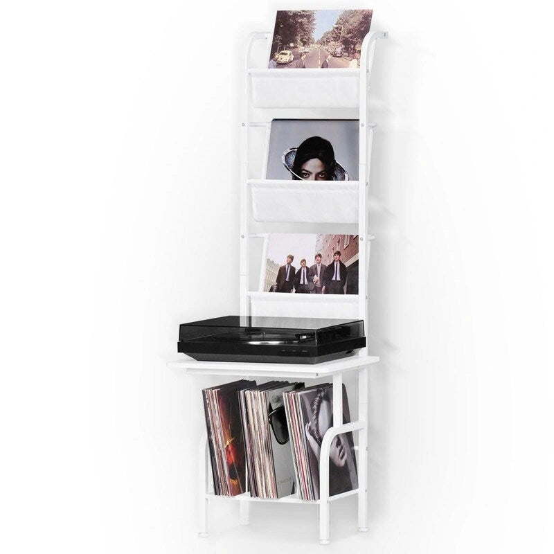 White / Brown / Black Tall Record Player Stand with Vinyl Storage – Industrial Style