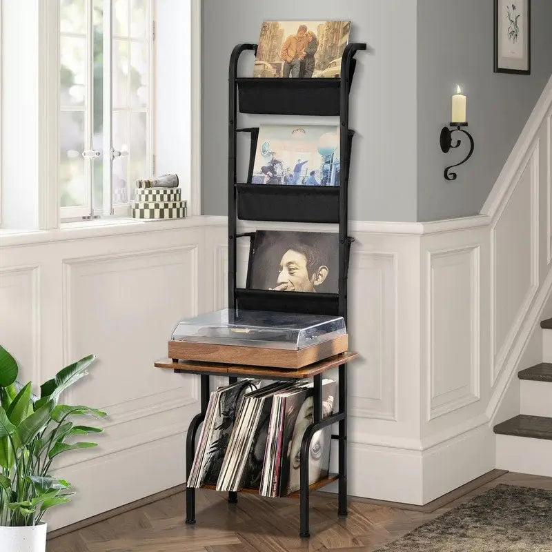 White / Brown / Black Tall Record Player Stand with Vinyl Storage – Industrial Style