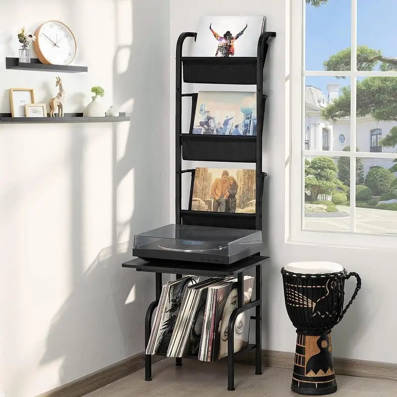 White / Brown / Black Tall Record Player Stand with Vinyl Storage – Industrial Style