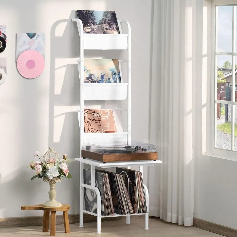 White / Brown / Black Tall Record Player Stand with Vinyl Storage – Industrial Style
