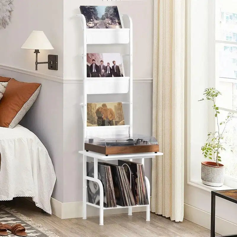 White / Brown / Black Tall Record Player Stand with Vinyl Storage – Industrial Style