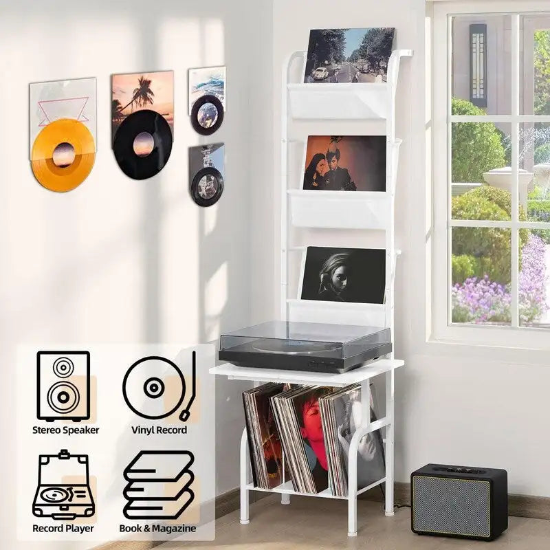 White / Brown / Black Tall Record Player Stand with Vinyl Storage – Industrial Style