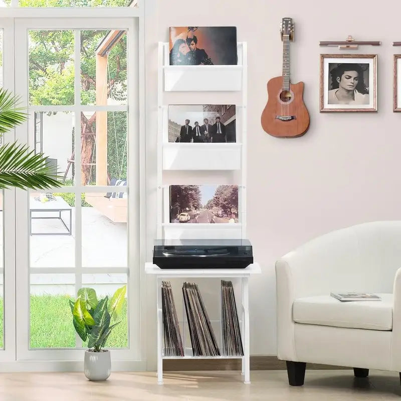 White / Brown / Black Tall Record Player Stand with Vinyl Storage – Industrial Style