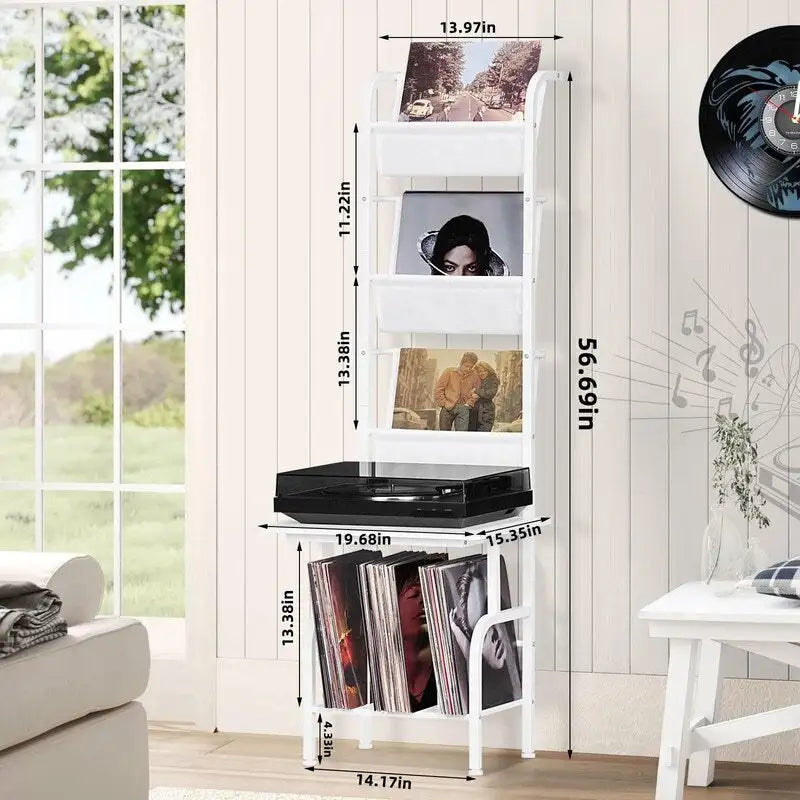 White / Brown / Black Tall Record Player Stand with Vinyl Storage – Industrial Style