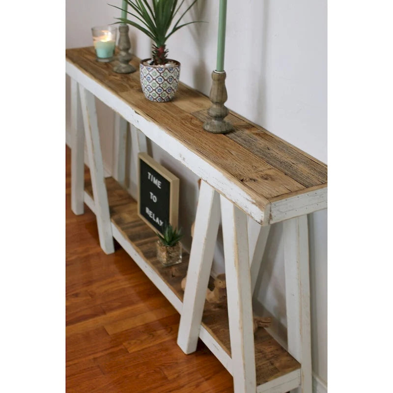 White Distressed Reclaimed Wood Narrow Console Table – Rustic Style