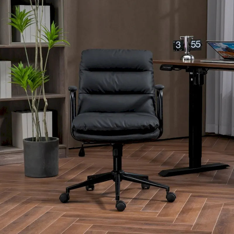 Black / Brown Mid-Back PU Leather Swivel Office Chair with Arms & Wheels, 1-Person