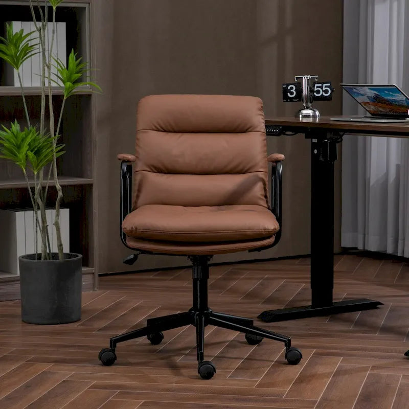 Black / Brown Mid-Back PU Leather Swivel Office Chair with Arms & Wheels, 1-Person