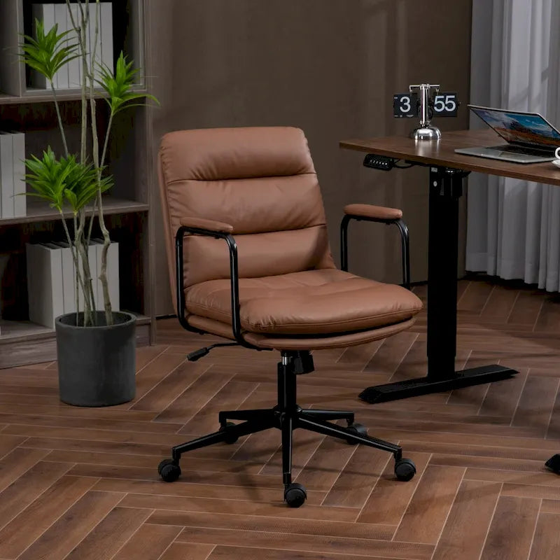 Black / Brown Mid-Back PU Leather Swivel Office Chair with Arms & Wheels, 1-Person