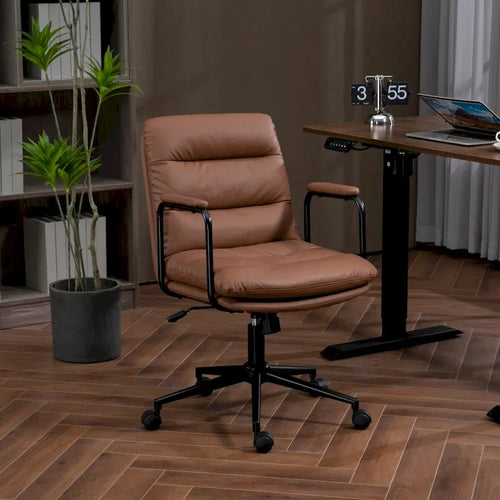 Black / Brown Mid-Back PU Leather Swivel Office Chair with Arms & Wheels, 1-Person