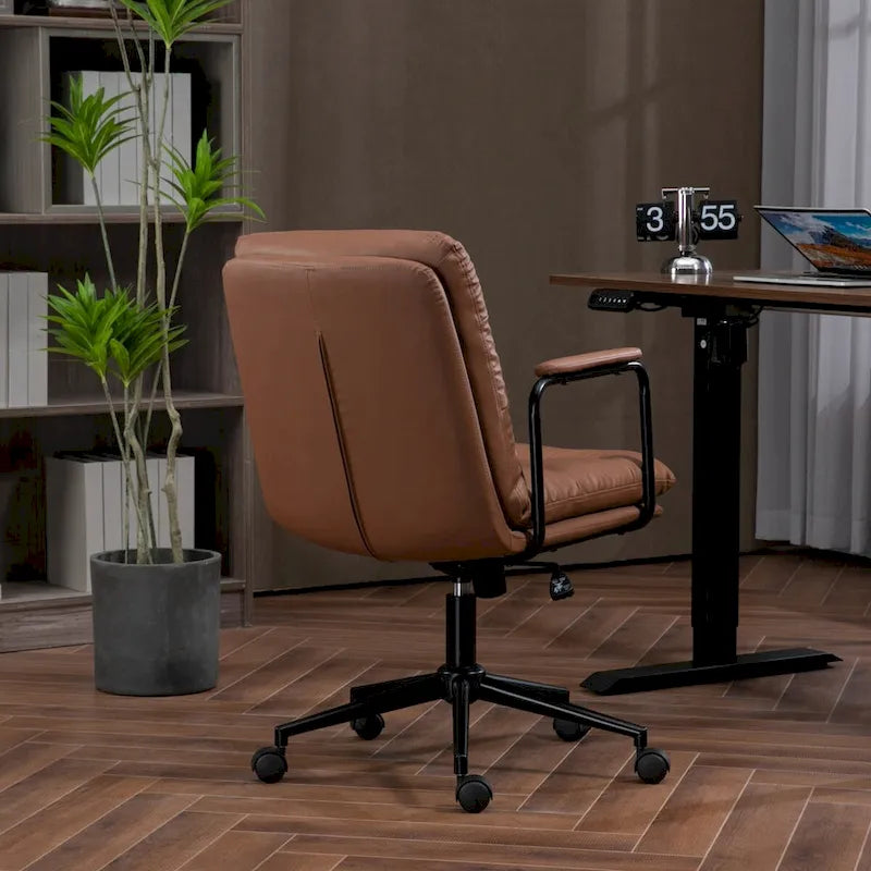 Black / Brown Mid-Back PU Leather Swivel Office Chair with Arms & Wheels, 1-Person