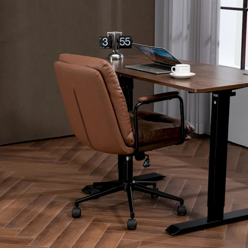 Black / Brown Mid-Back PU Leather Swivel Office Chair with Arms & Wheels, 1-Person