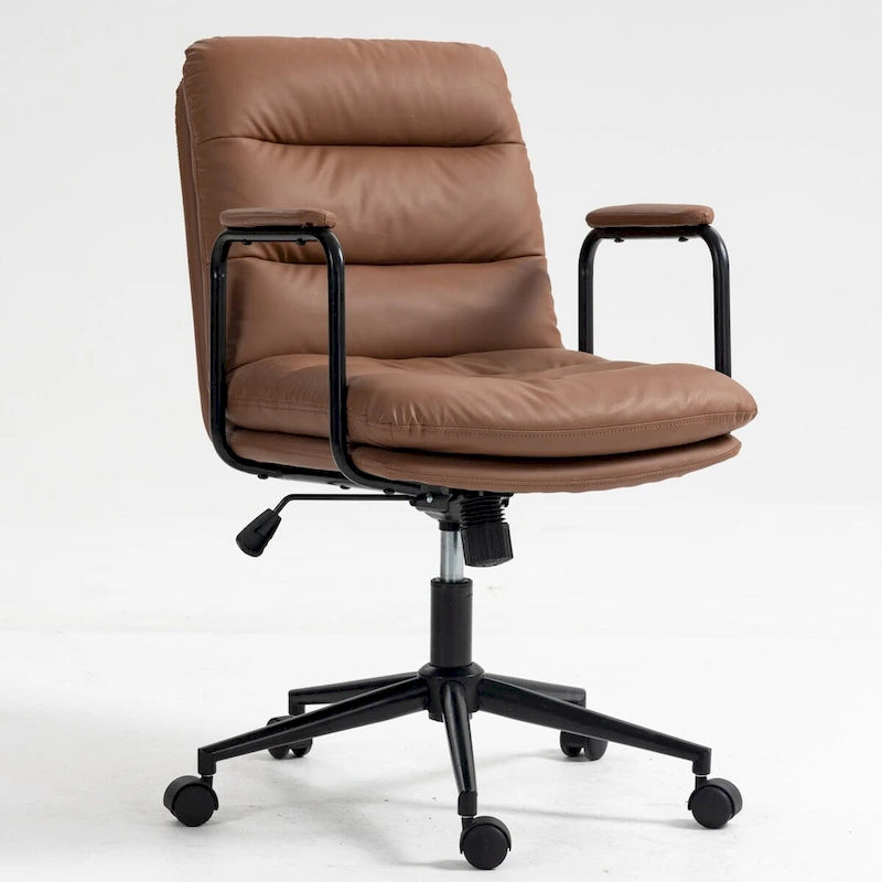 Black / Brown Mid-Back PU Leather Swivel Office Chair with Arms & Wheels, 1-Person