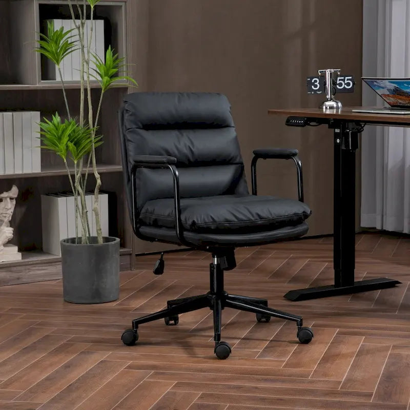Black / Brown Mid-Back PU Leather Swivel Office Chair with Arms & Wheels, 1-Person