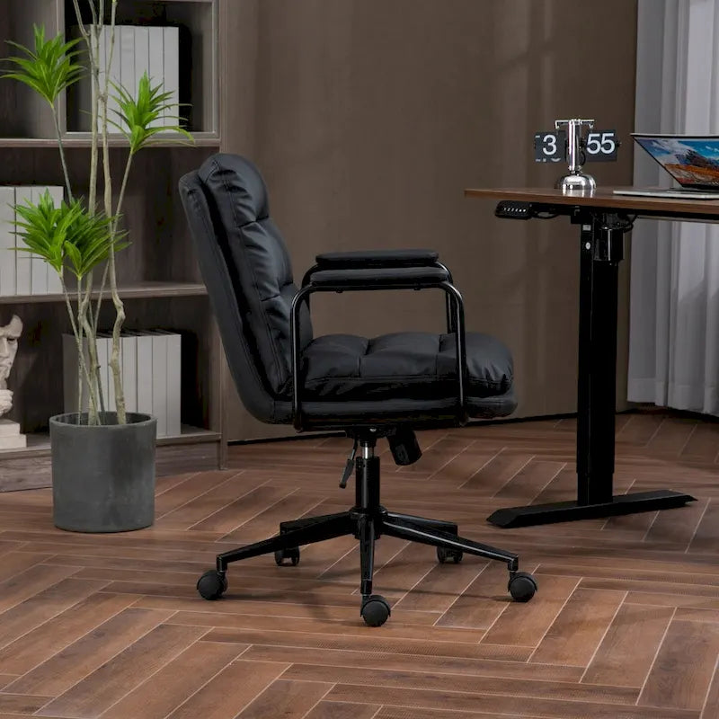 Black / Brown Mid-Back PU Leather Swivel Office Chair with Arms & Wheels, 1-Person