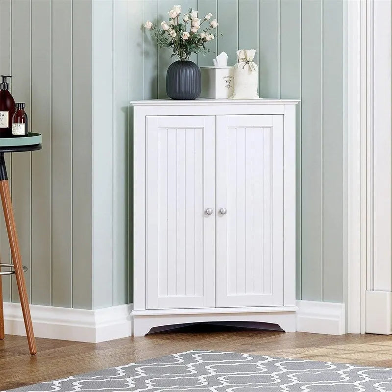 White / Tan Beadboard 2-Door Corner Floor Cabinet