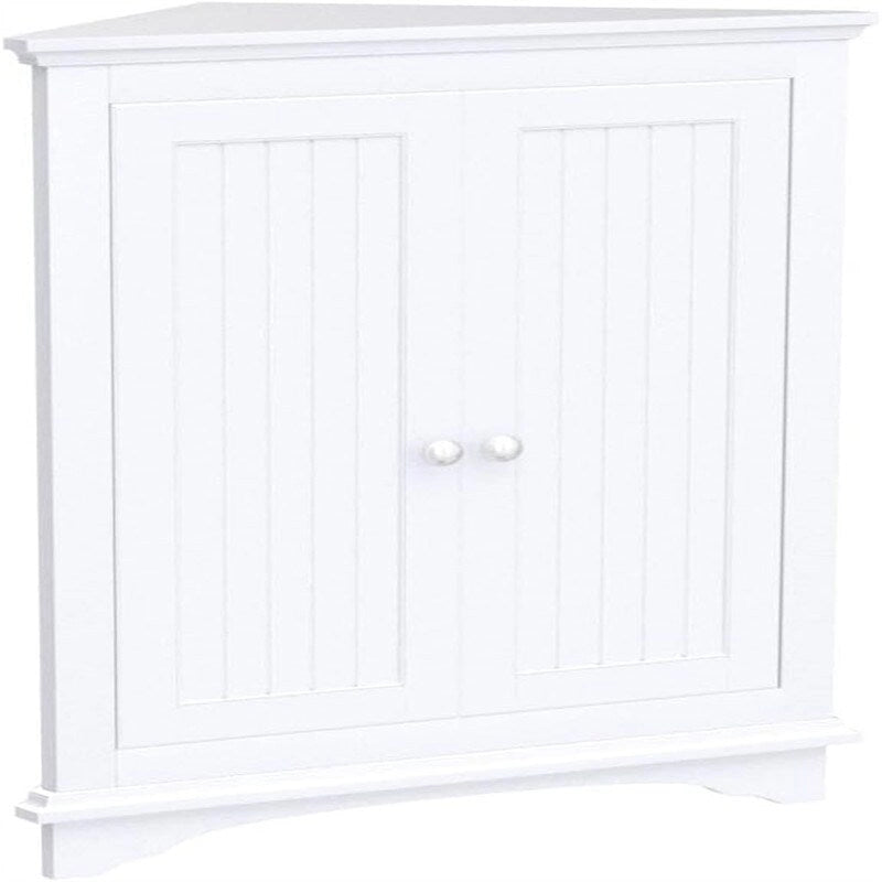 White / Tan Beadboard 2-Door Corner Floor Cabinet