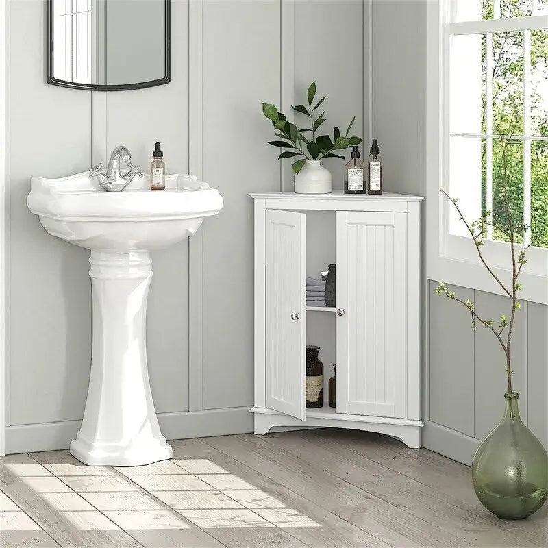 White / Tan Beadboard 2-Door Corner Floor Cabinet