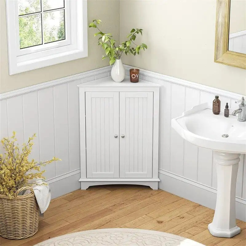White / Tan Beadboard 2-Door Corner Floor Cabinet