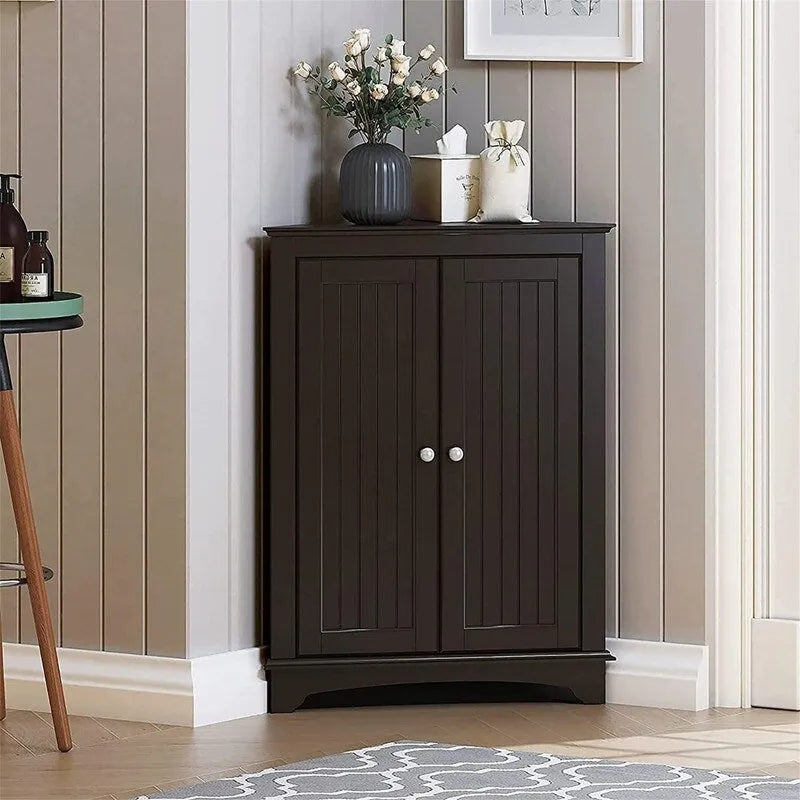 White / Tan Beadboard 2-Door Corner Floor Cabinet