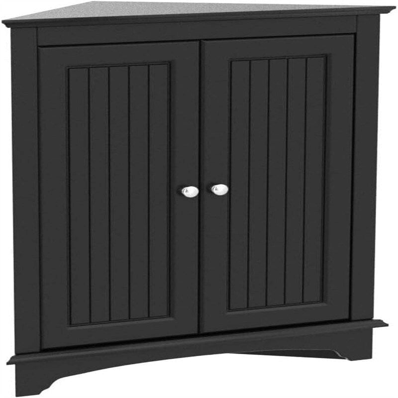 White / Tan Beadboard 2-Door Corner Floor Cabinet