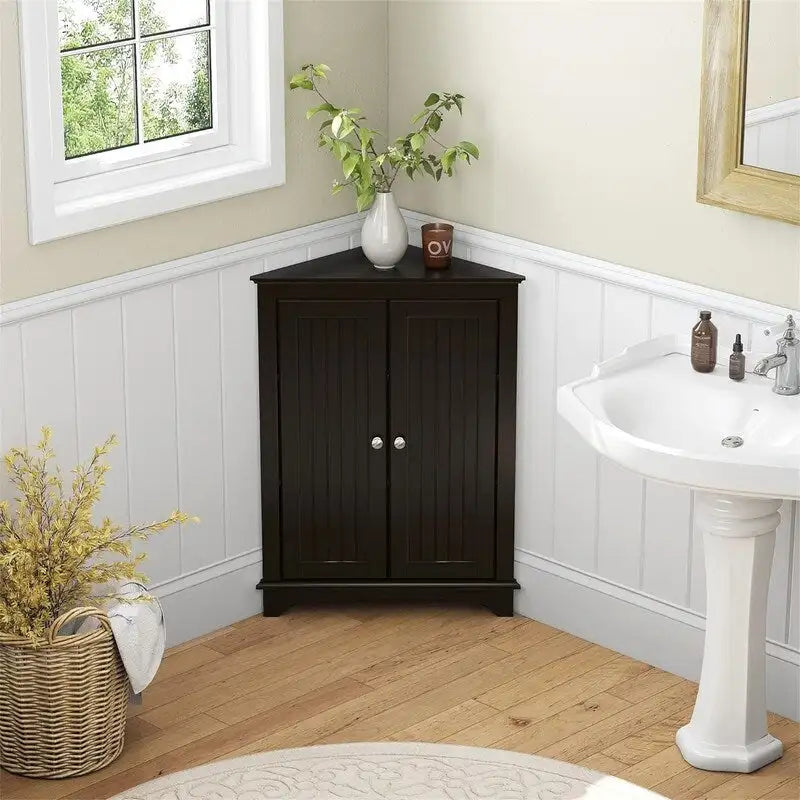 White / Tan Beadboard 2-Door Corner Floor Cabinet