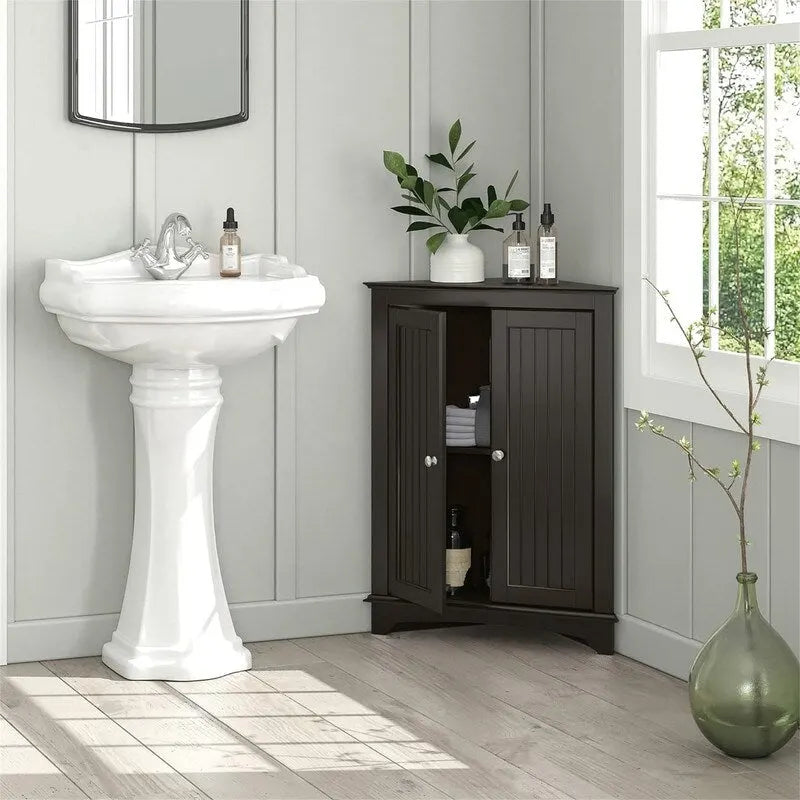 White / Tan Beadboard 2-Door Corner Floor Cabinet